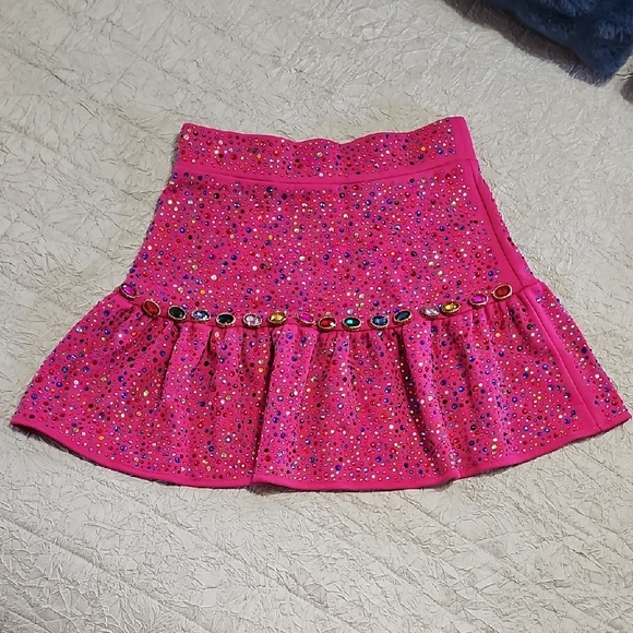 QUEEN OF SPARKLES Hot Pink Jeweled Ruffle Mini Skirt